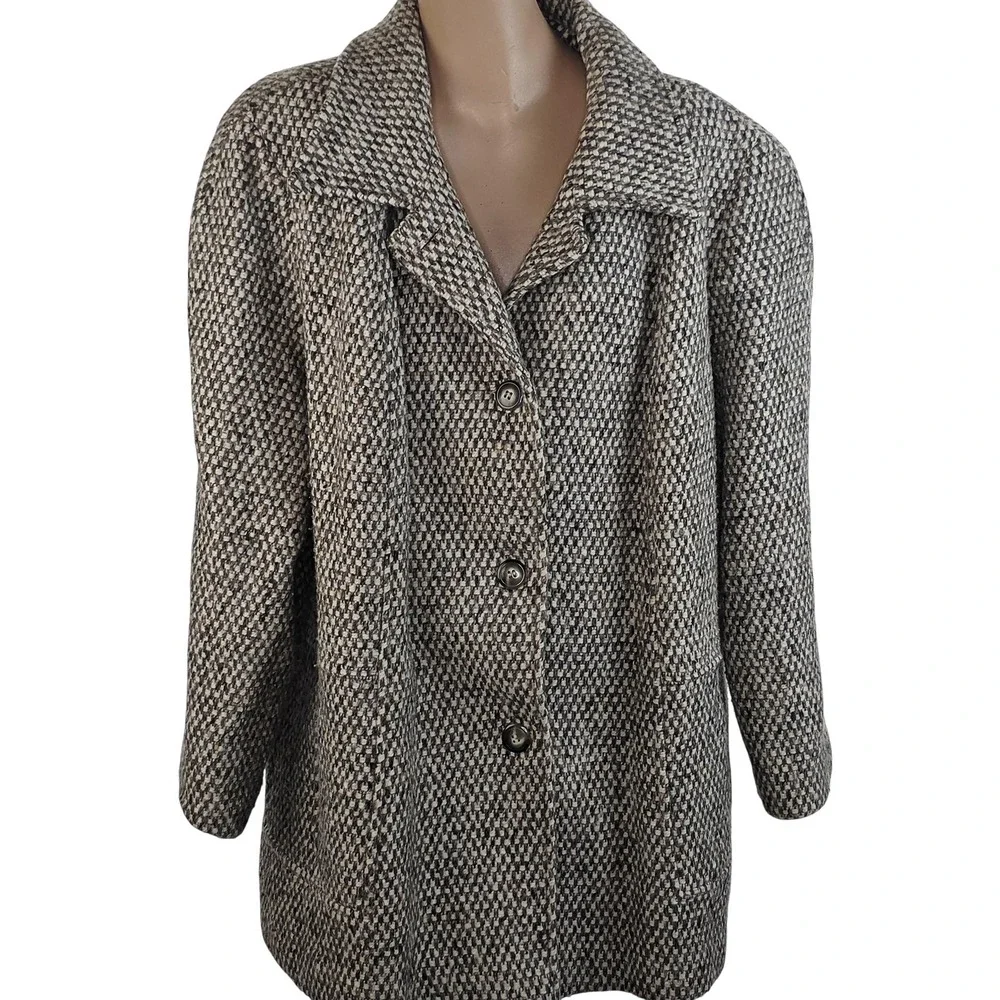 Vintage Roaman's Coat Womens 26‎ Gray Wool Check Tweed Length Overcoat Plus Size
